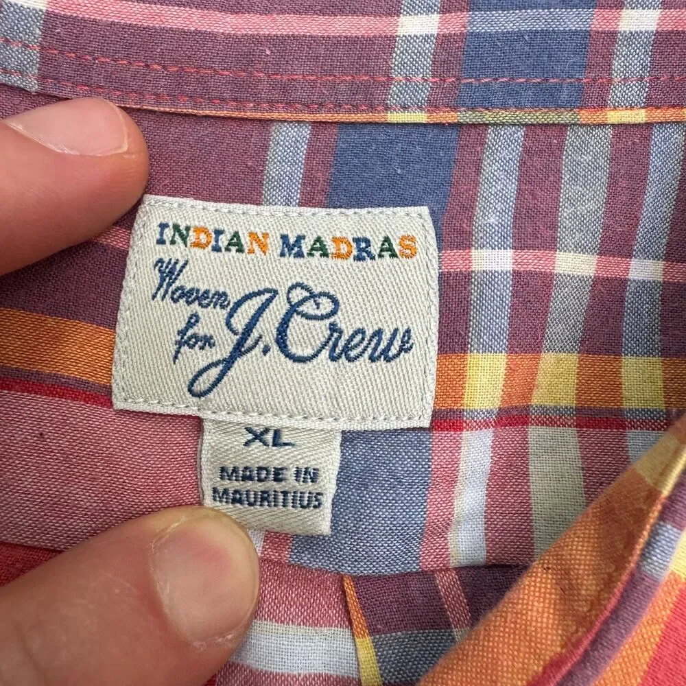 J.Crew Indian Madras Button Up Shirt Men XL Red Plaid Short Sleeve 100% Cotton